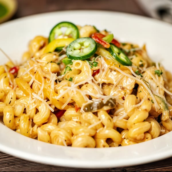 Creamy pasta with sliced jalapeños, bell peppers, and shredded cheese in a white bowl.