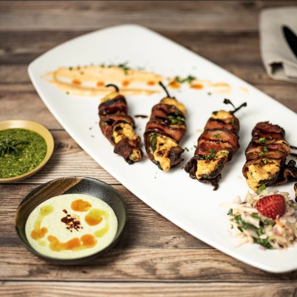 Four bacon-wrapped jalapeno poppers with sauces and a side salad on a white plate.