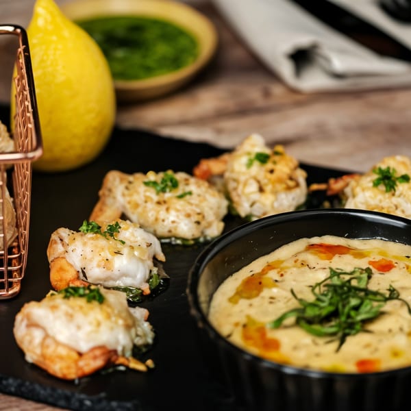 Baked shrimp with cheese and herbs, served with a creamy dip and lemon.