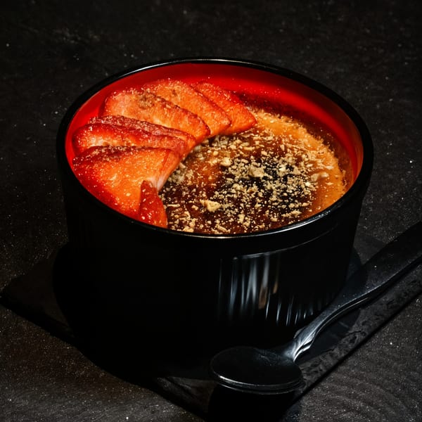 Creme brulee with sliced strawberries and a spoon in a black bowl with a red interior.