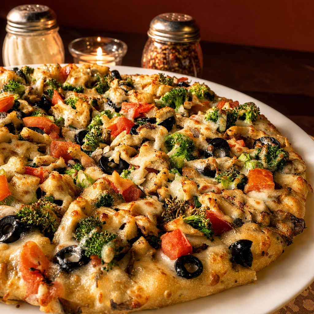 Creamy Garlic Chicken Pizza.